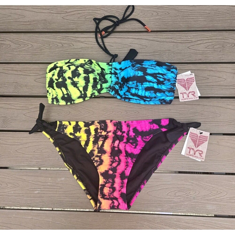 TYR Womens Bandeau Padded Top With Tie Bottom Mojave Tie Dye  Size L NEW